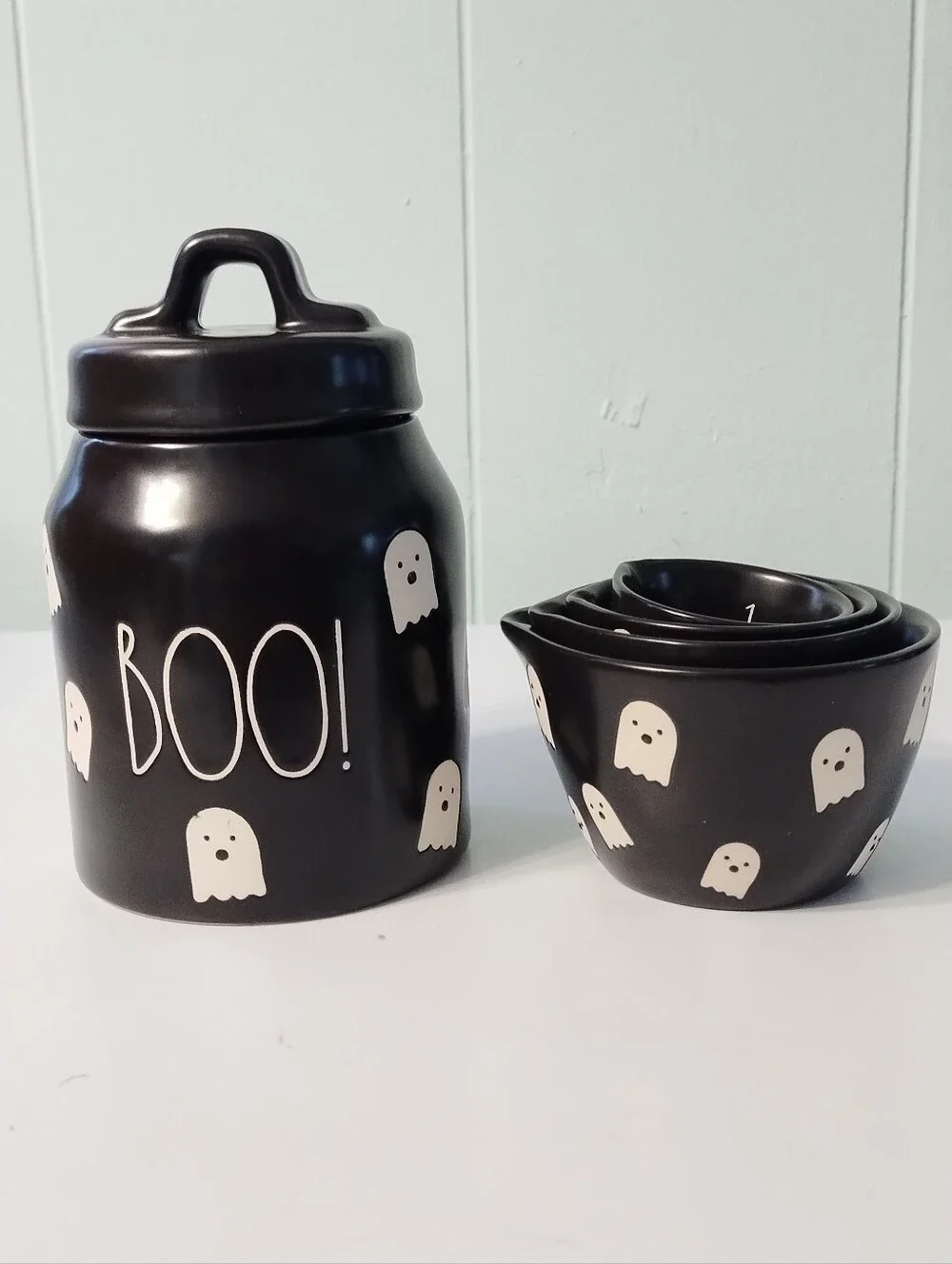New Rae Dunn Black 'Boo!' Ceramic Canister Set with Ghost Measuring Cups